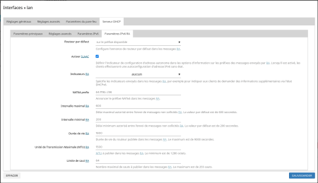 OpenWRT - Interfaces » LAN (Serveur DHCP / Paramètres IPv6 RA)